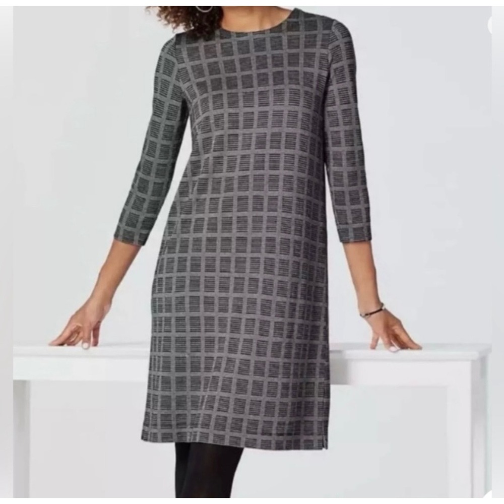 J. Jill Wearever Collection XL Black White Grid Knit Shift Dress Windowpane